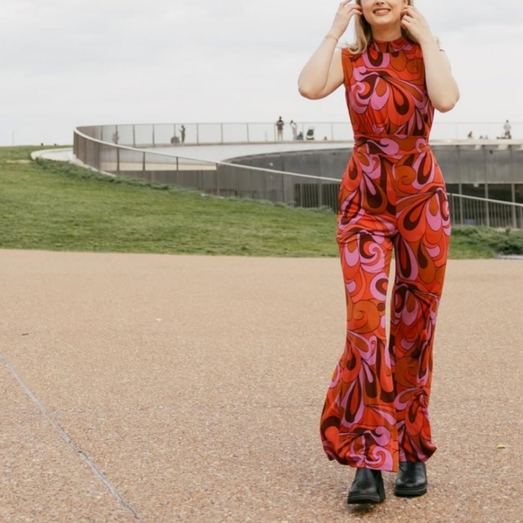 Donna Morgan Pants - 🆕️ Donna Morgan Retro Mock Neck Flare Lef Jumpsuit in Red & Lavender